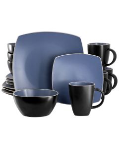 Gibson Soho Lounge 16 Piece Square Stoneware Dinnerware Set in Matte Blue and Black