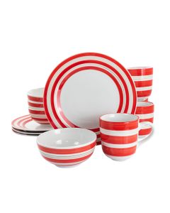 Gibson Home Sunset Stripes 12 Piece Round Fine Ceramic Dinnerware Set in Red
