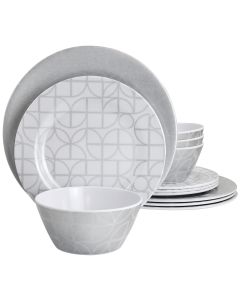 Laurie Gates California Designs Summer Bloom 12 Piece Melamine Dinnerware Set in Silver