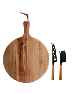 Gibson Elite 3 Piece Acacia Wood Charcuterie Serving Board and Cheese Knife Set in Brown