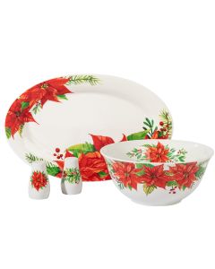 Gibson Home 4 Piece Ceramic Serving Set in White With Poinsettia Decorations