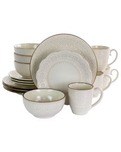 Elama Contessa 16 Piece Embossed Scalloped Stoneware Dinnerware Set in Ivory