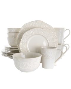 Elama Luna 16 Piece Embossed Scalloped Stoneware Dinnerware Set in White
