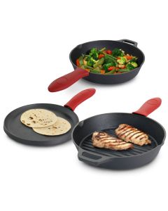 MegaChef Pre-Seasoned Cast Iron 6 Piece Set with Red Silicone Holders