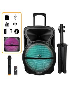 Trexonic Combination 15 Inch Bluetooth Portable Speaker and Tripod Stand with Reactive Lights, FM Radio, USB/TF Inputs, Rechargeable Battery  & Voice Broadcast